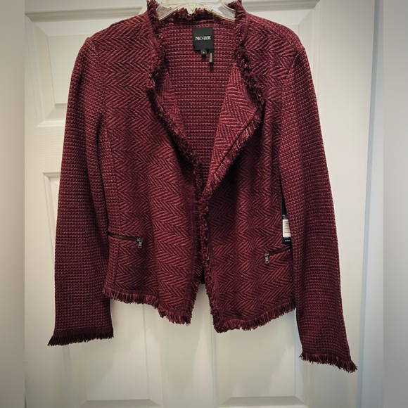 NIC+ZOE Jackets & Blazers - NWT NIC+ZOE Burgundy Frayed-Trim Tweed and Knit Mixed Blazer, Size Large